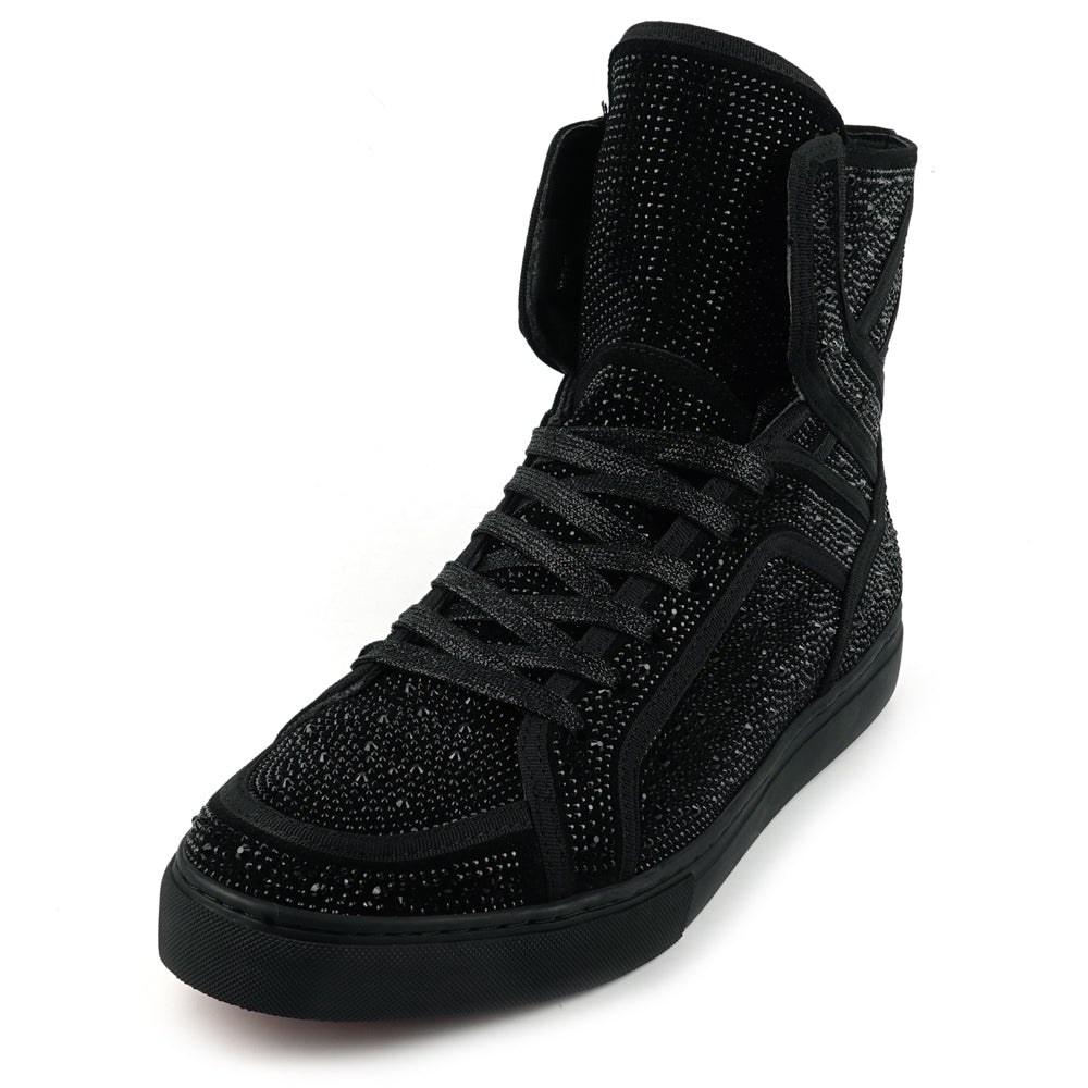 FI-2402 Black Suede Black Rhinestones High Top Sneaker Encore by Fiesso