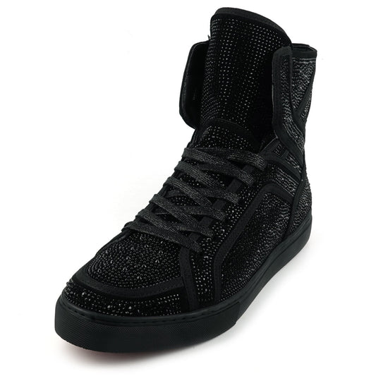 FI-2402 Black Suede Black Rhinestones High Top Sneaker Encore by Fiesso