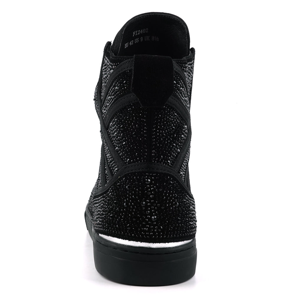 FI-2402 Black Suede Black Rhinestones High Top Sneaker Encore by Fiesso