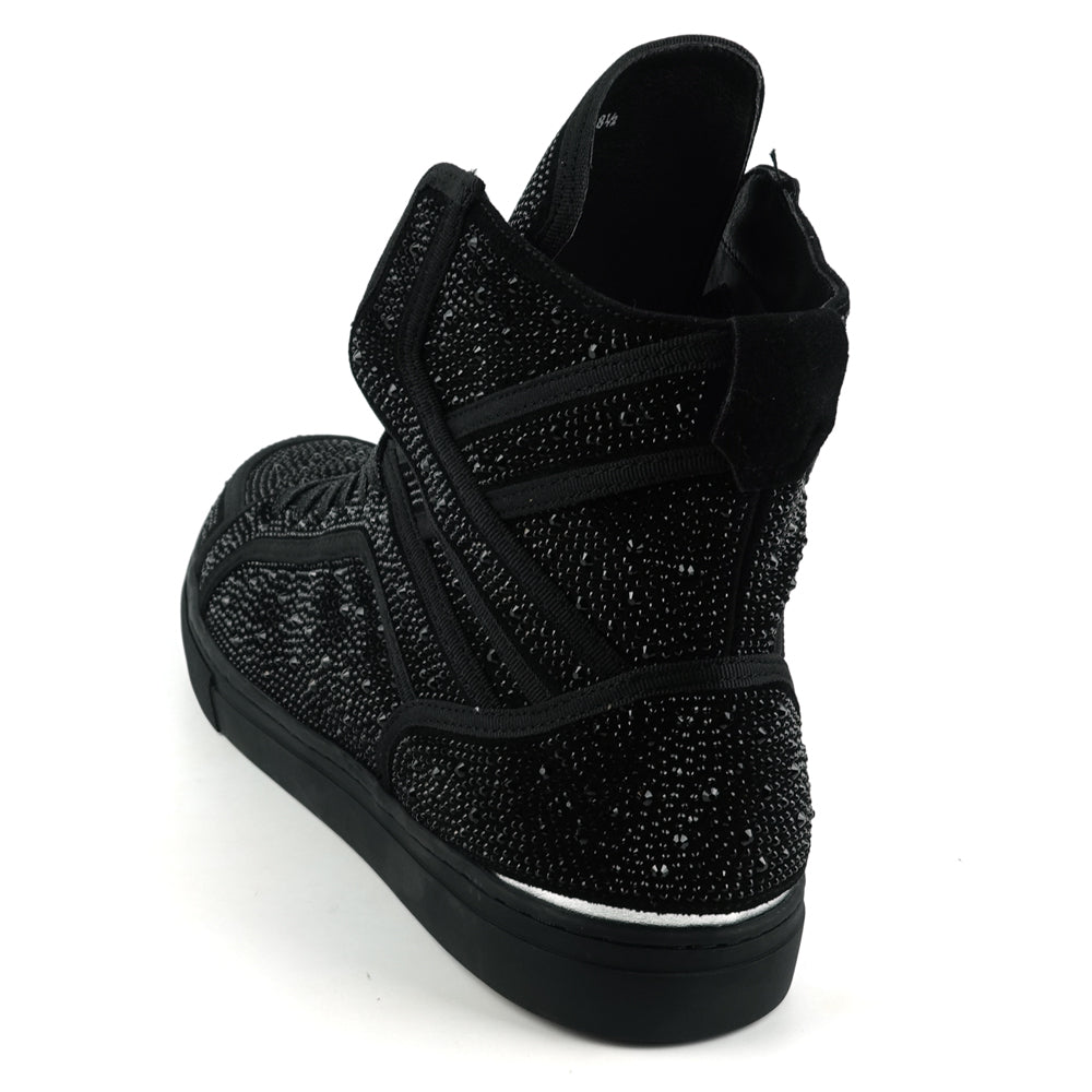 FI-2402 Black Suede Black Rhinestones High Top Sneaker Encore by Fiesso