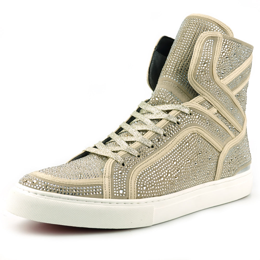 FI-2402 Gold Suede Clear Rhinestones High Top Sneaker Encore by Fiesso