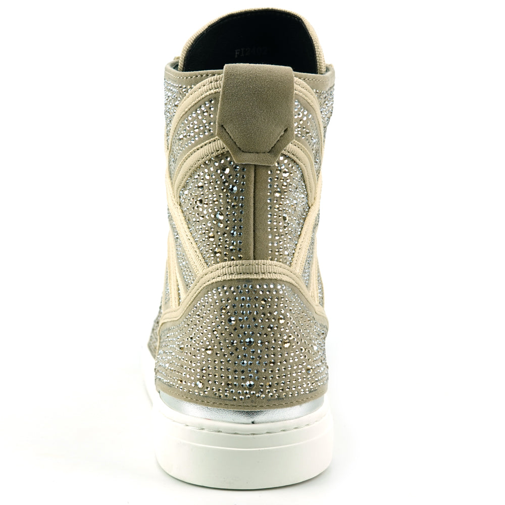 FI-2402 Gold Suede Clear Rhinestones High Top Sneaker Encore by Fiesso