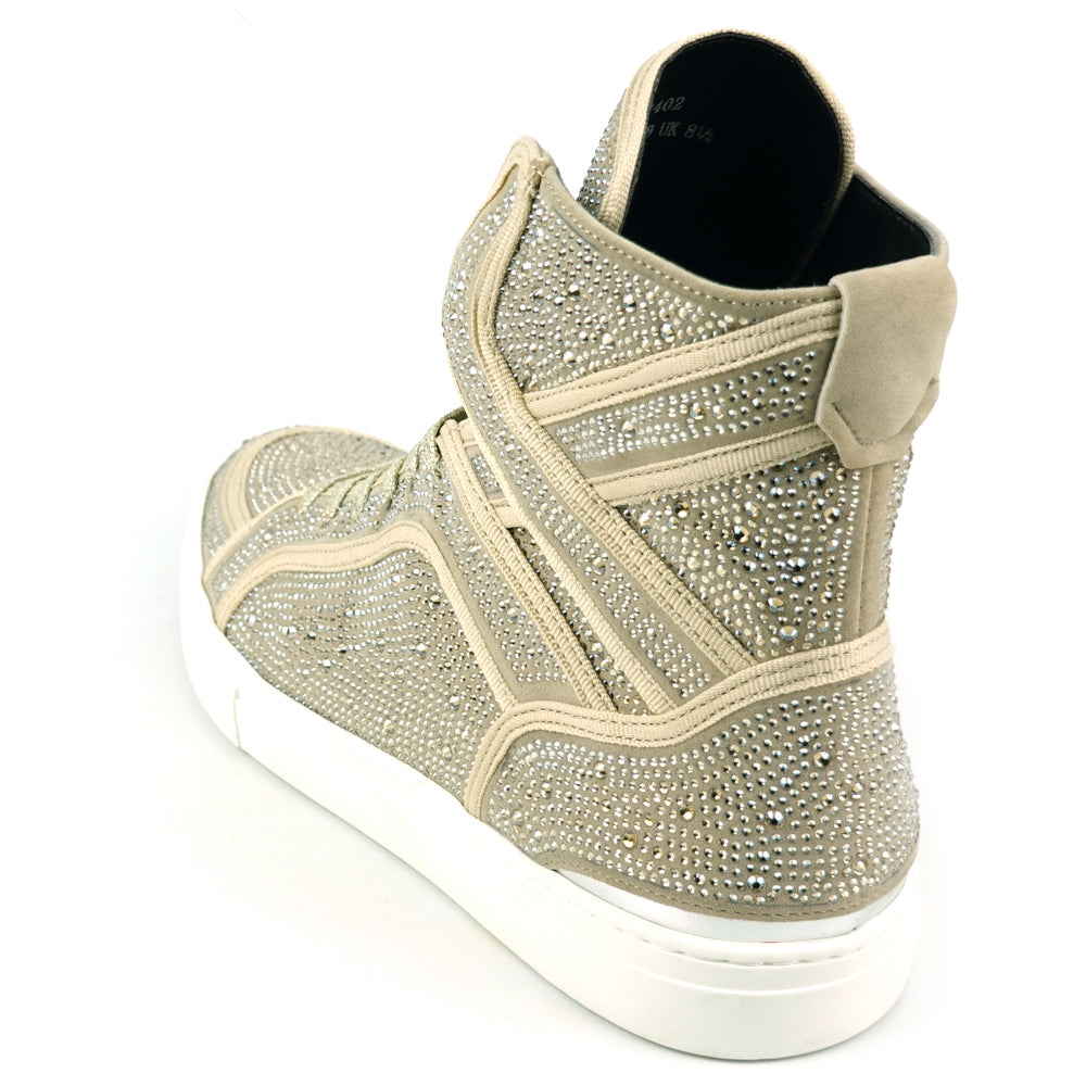FI-2402 Gold Suede Clear Rhinestones High Top Sneaker Encore by Fiesso