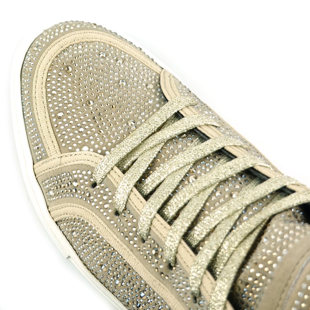 FI-2402 Gold Suede Clear Rhinestones High Top Sneaker Encore by Fiesso