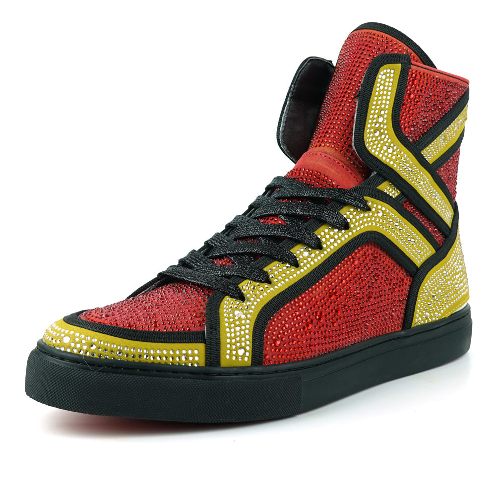 FI-2402 Red Gold Suede Red Gold Rhinestones High Top Sneaker Encore by Fiesso