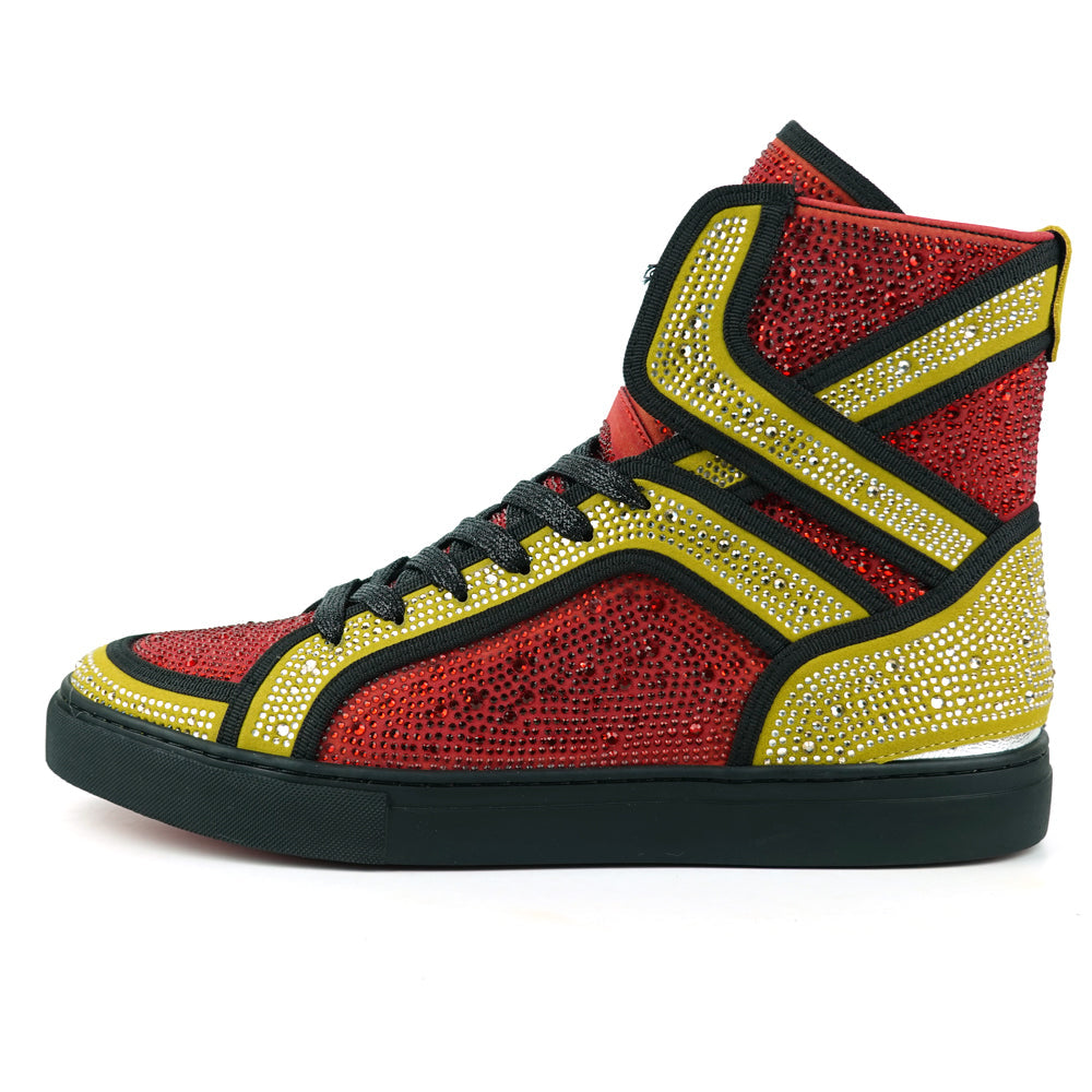 FI-2402 Red Gold Suede Red Gold Rhinestones High Top Sneaker Encore by Fiesso