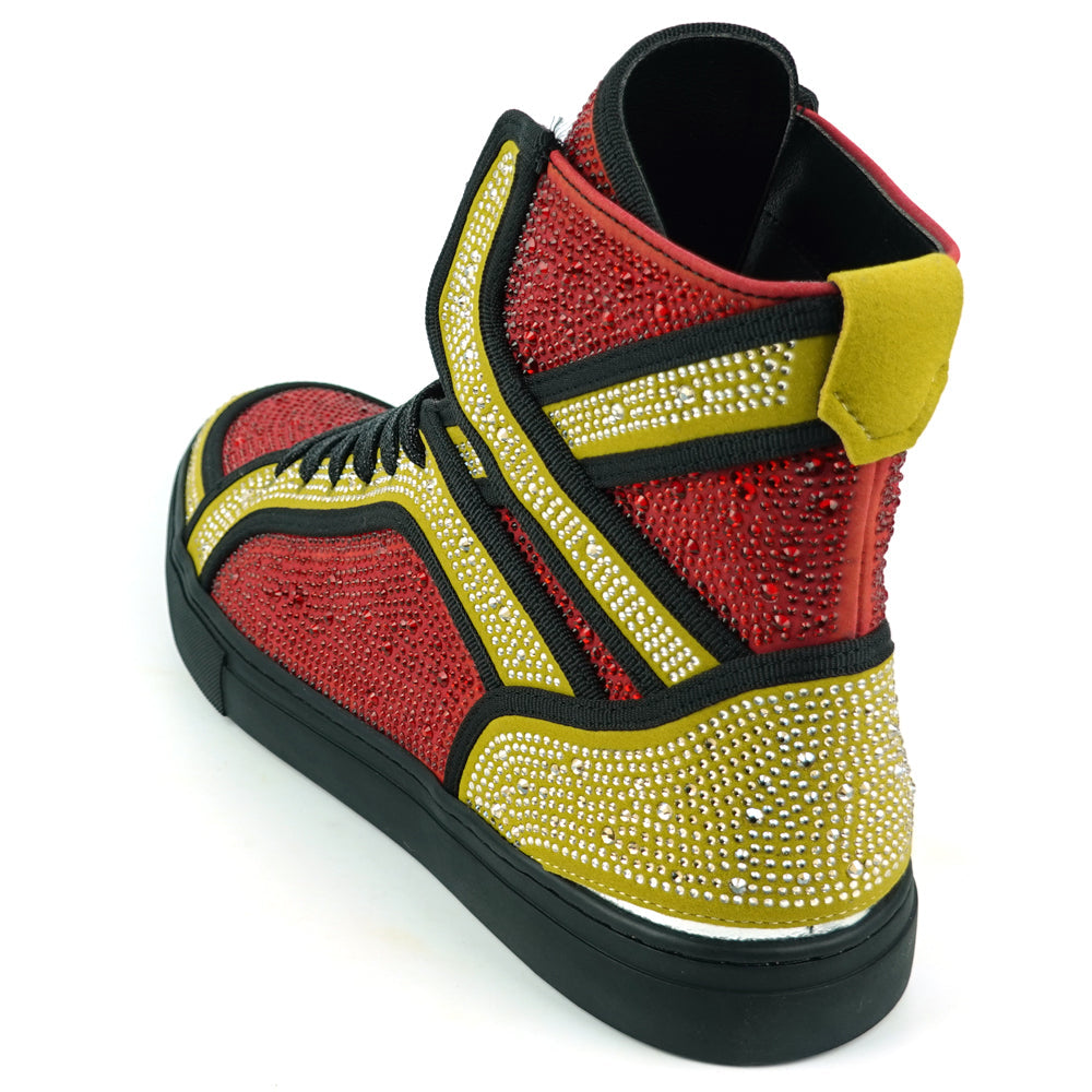 FI-2402 Red Gold Suede Red Gold Rhinestones High Top Sneaker Encore by Fiesso