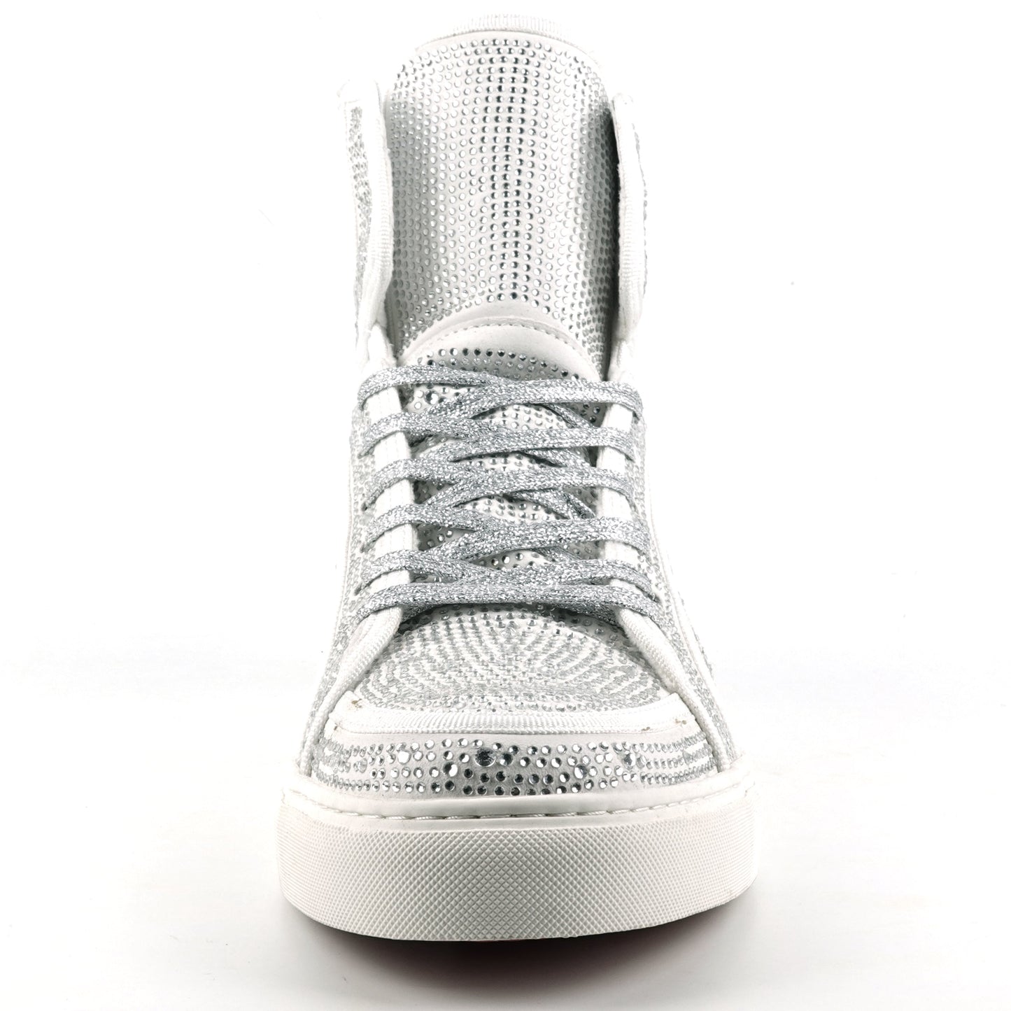 FI-2402 White Suede Clear Rhinestones High Top Sneaker Encore by Fiesso
