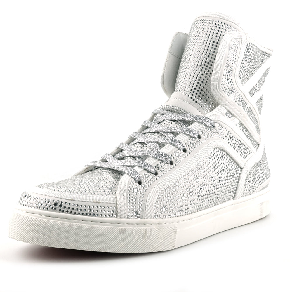 FI-2402 White Suede Clear Rhinestones High Top Sneaker Encore by Fiesso