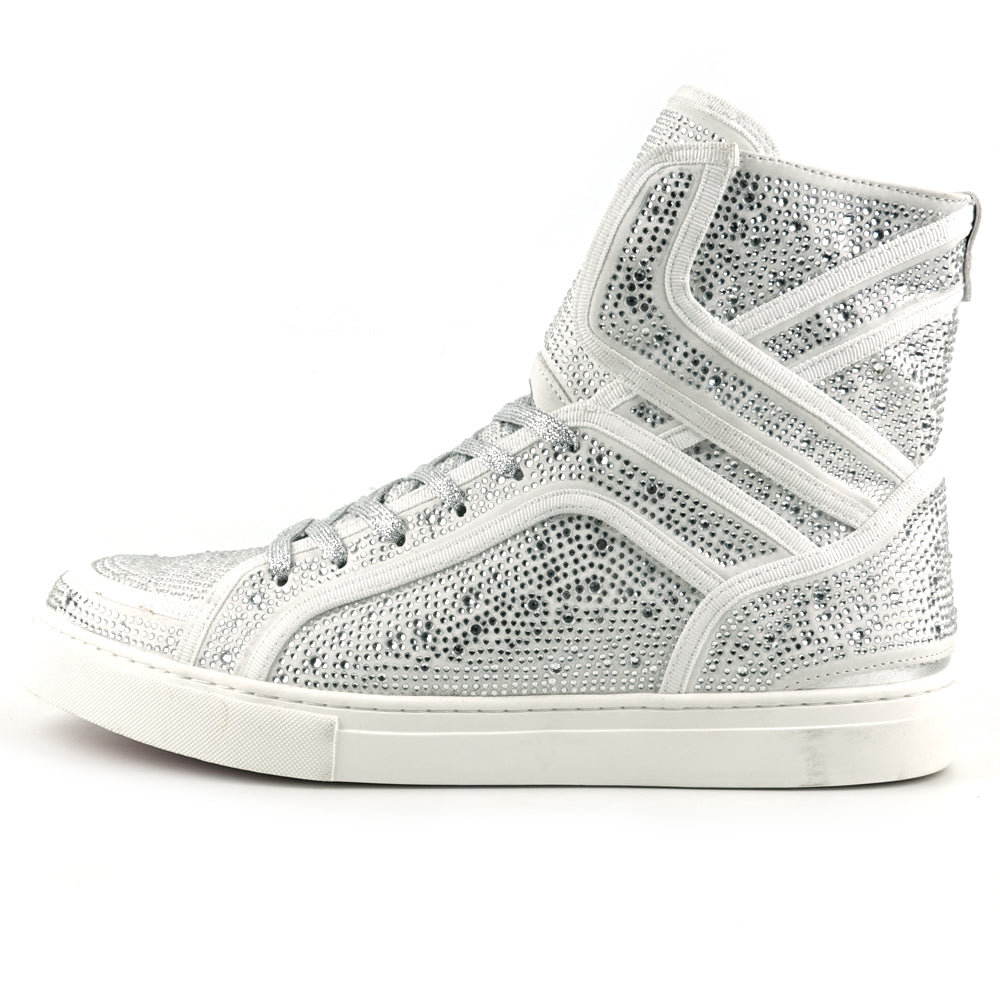 FI-2402 White Suede Clear Rhinestones High Top Sneaker Encore by Fiesso