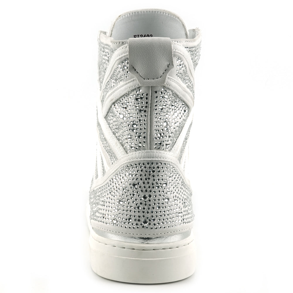 FI-2402 White Suede Clear Rhinestones High Top Sneaker Encore by Fiesso