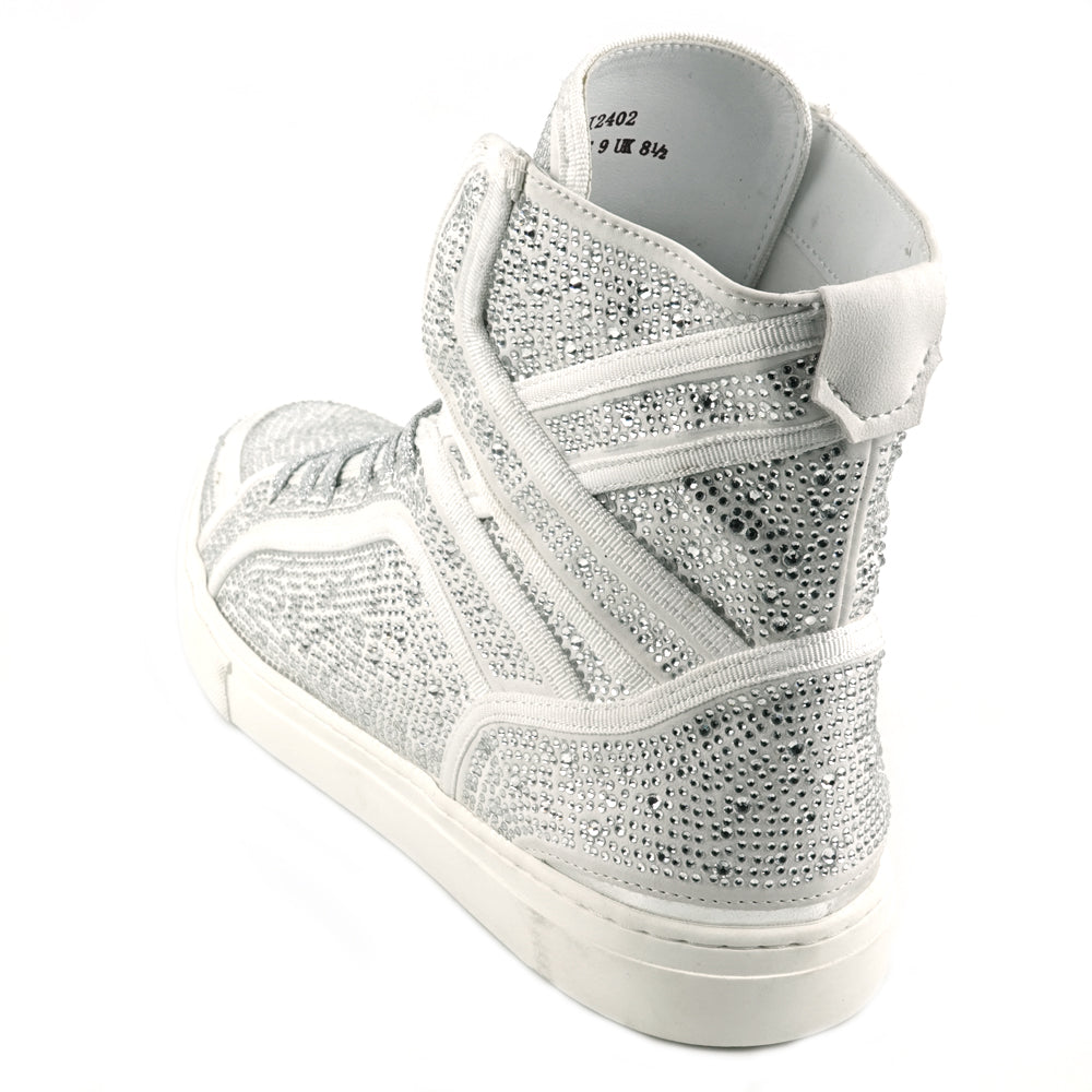 FI-2402 White Suede Clear Rhinestones High Top Sneaker Encore by Fiesso