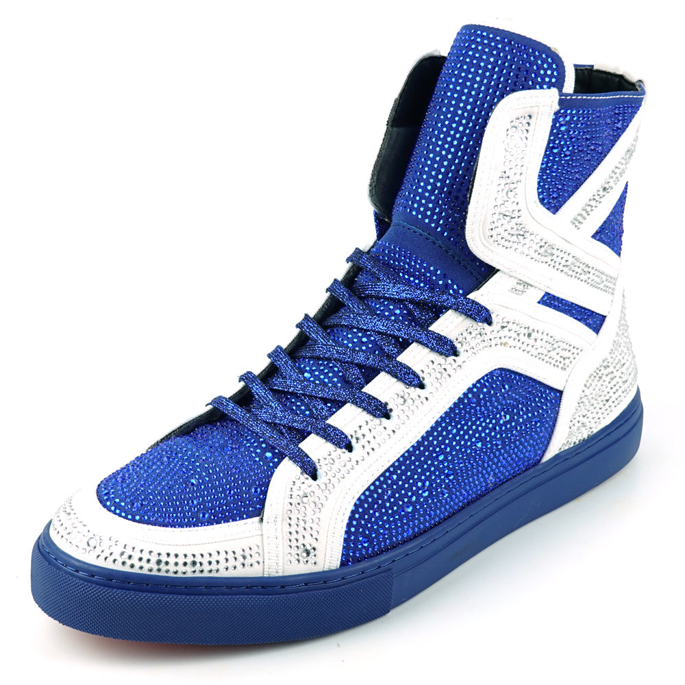 FI-2402 White Blue Suede Rhinestones High Top Sneaker Encore by Fiesso