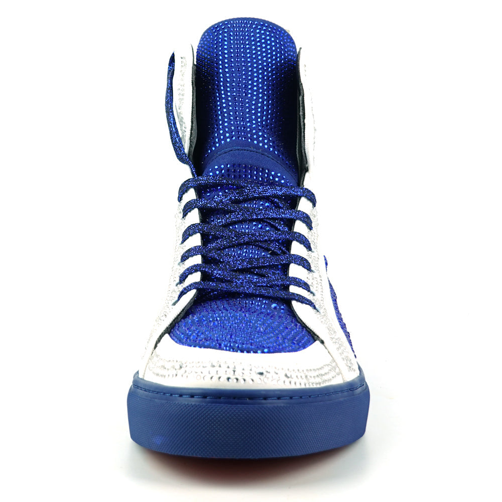 FI-2402 White Blue Suede Rhinestones High Top Sneaker Encore by Fiesso