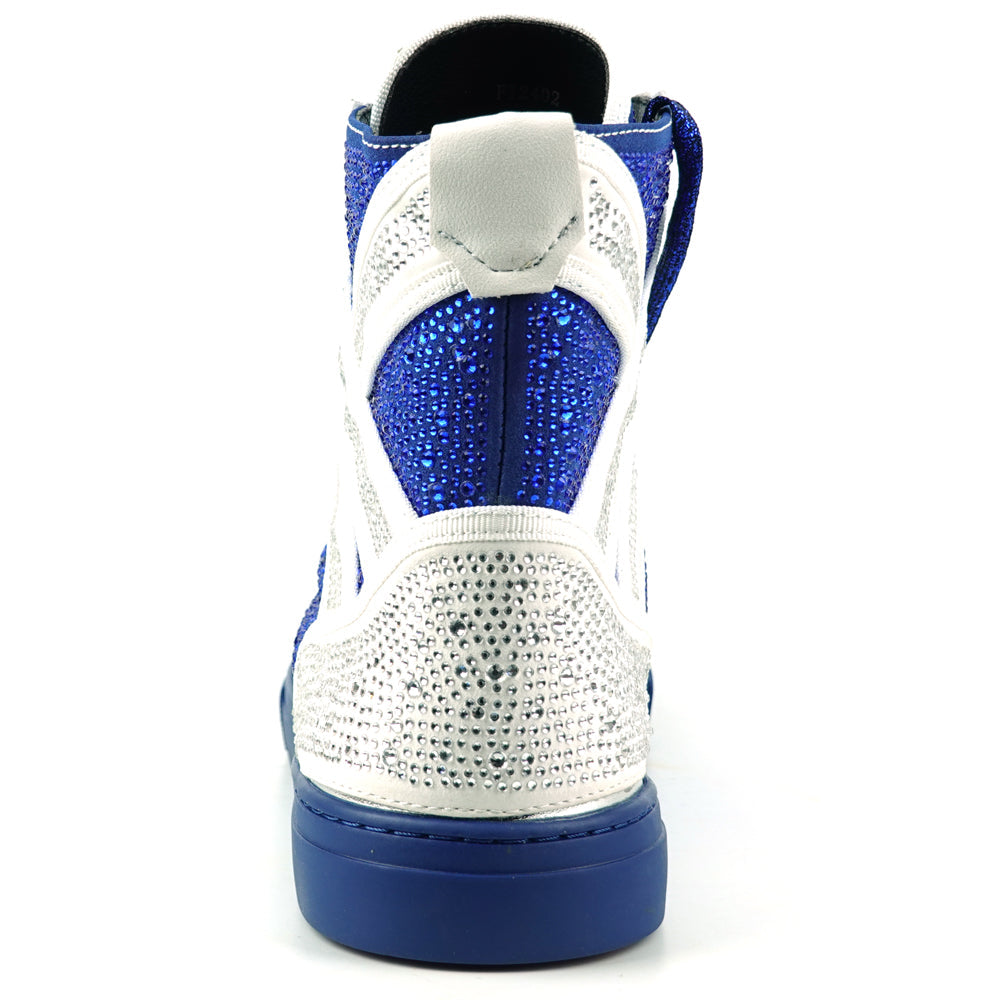 FI-2402 White Blue Suede Rhinestones High Top Sneaker Encore by Fiesso