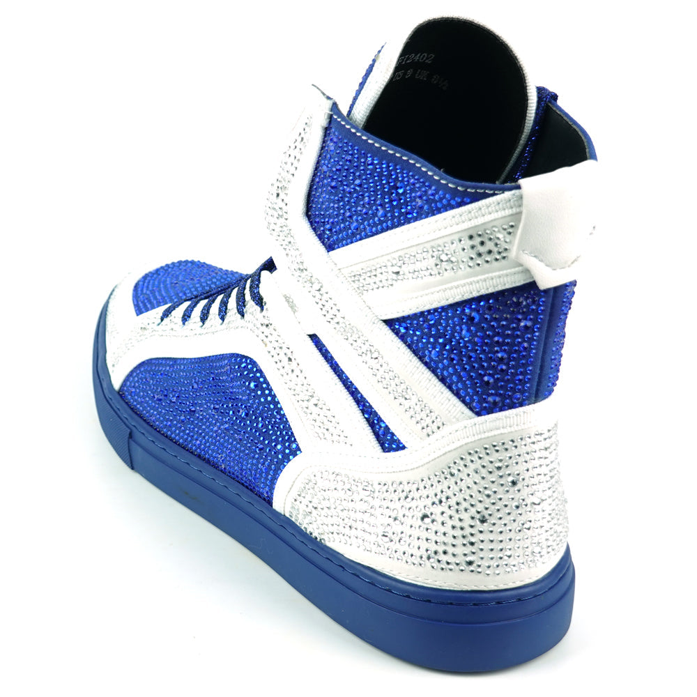 FI-2402 White Blue Suede Rhinestones High Top Sneaker Encore by Fiesso