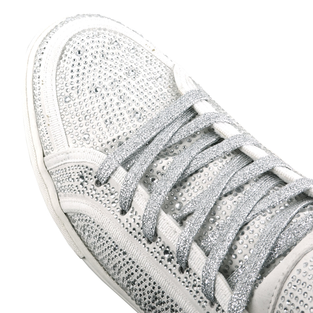 FI-2402 White Suede Clear Rhinestones High Top Sneaker Encore by Fiesso