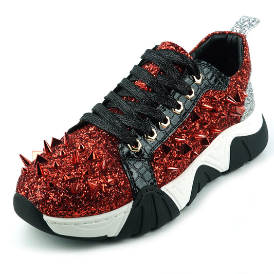 FI-2406 Red Black Glitter Red Spikes Lace up Sneaker Encore by Fiesso