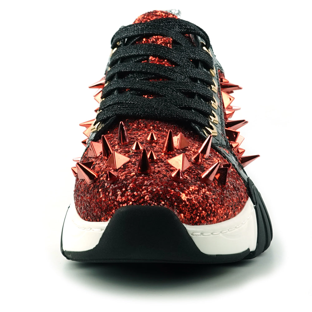 FI-2406 Red Black Glitter Red Spikes Lace up Sneaker Encore by Fiesso