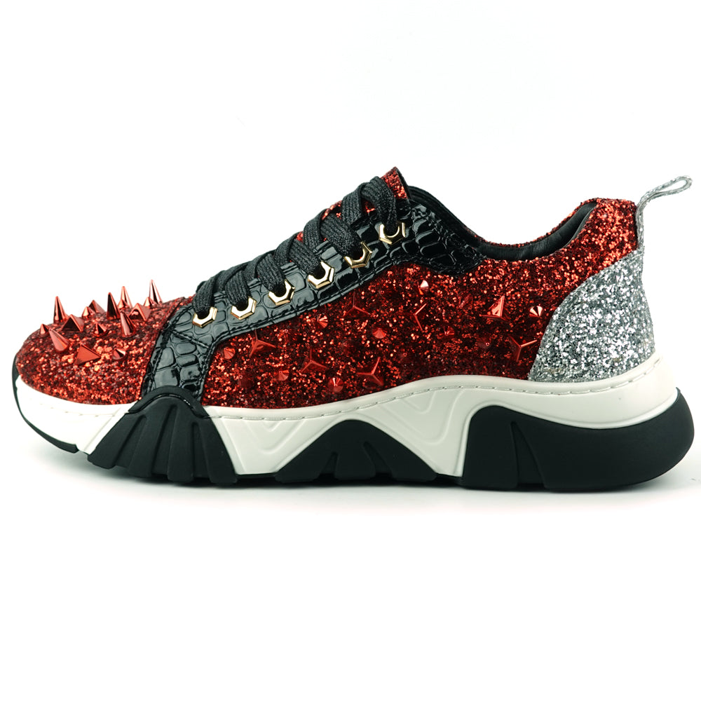 FI-2406 Red Black Glitter Red Spikes Lace up Sneaker Encore by Fiesso