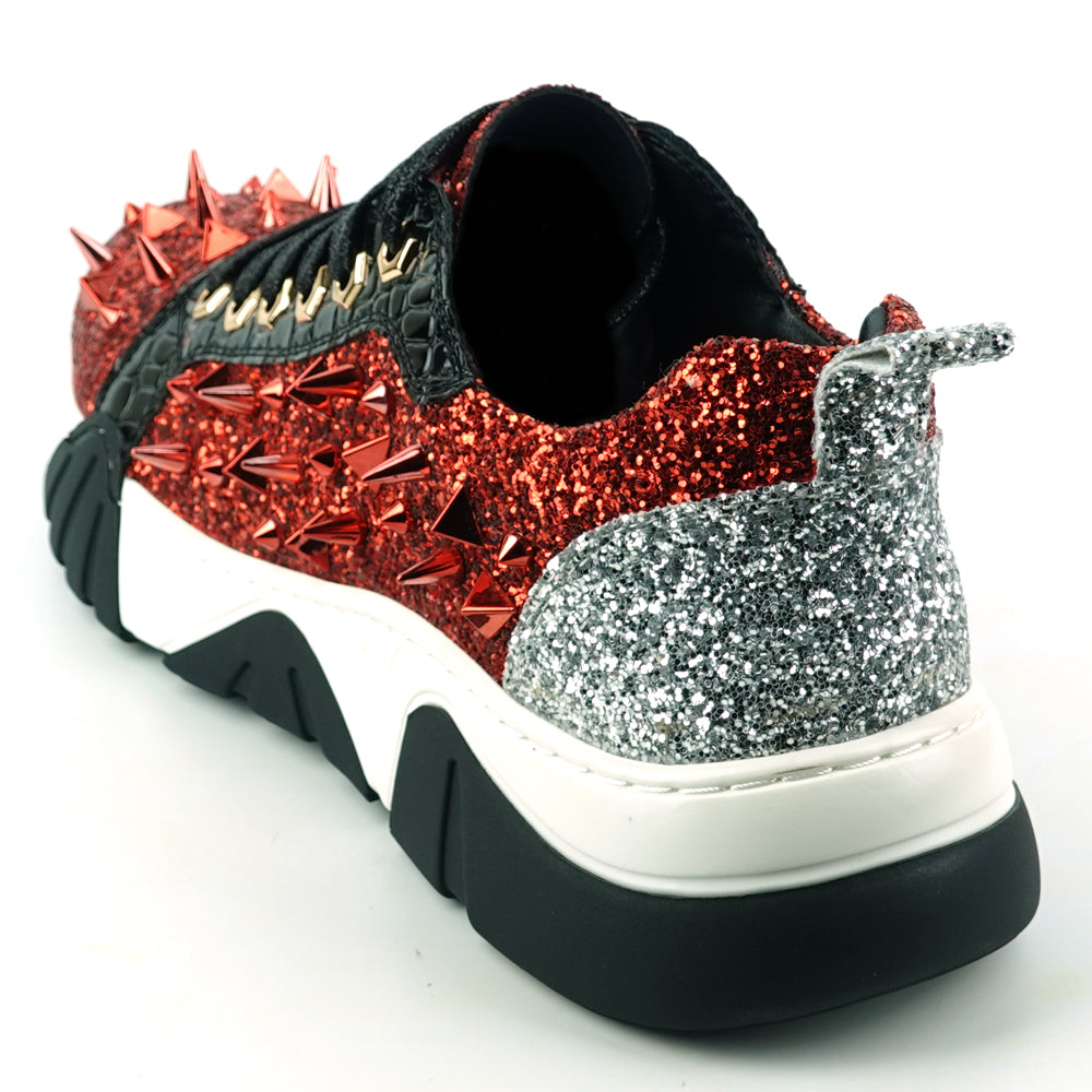 FI-2406 Red Black Glitter Red Spikes Lace up Sneaker Encore by Fiesso