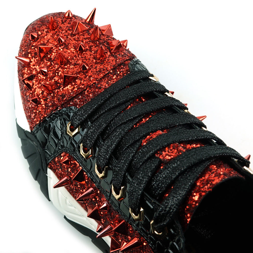 FI-2406 Red Black Glitter Red Spikes Lace up Sneaker Encore by Fiesso