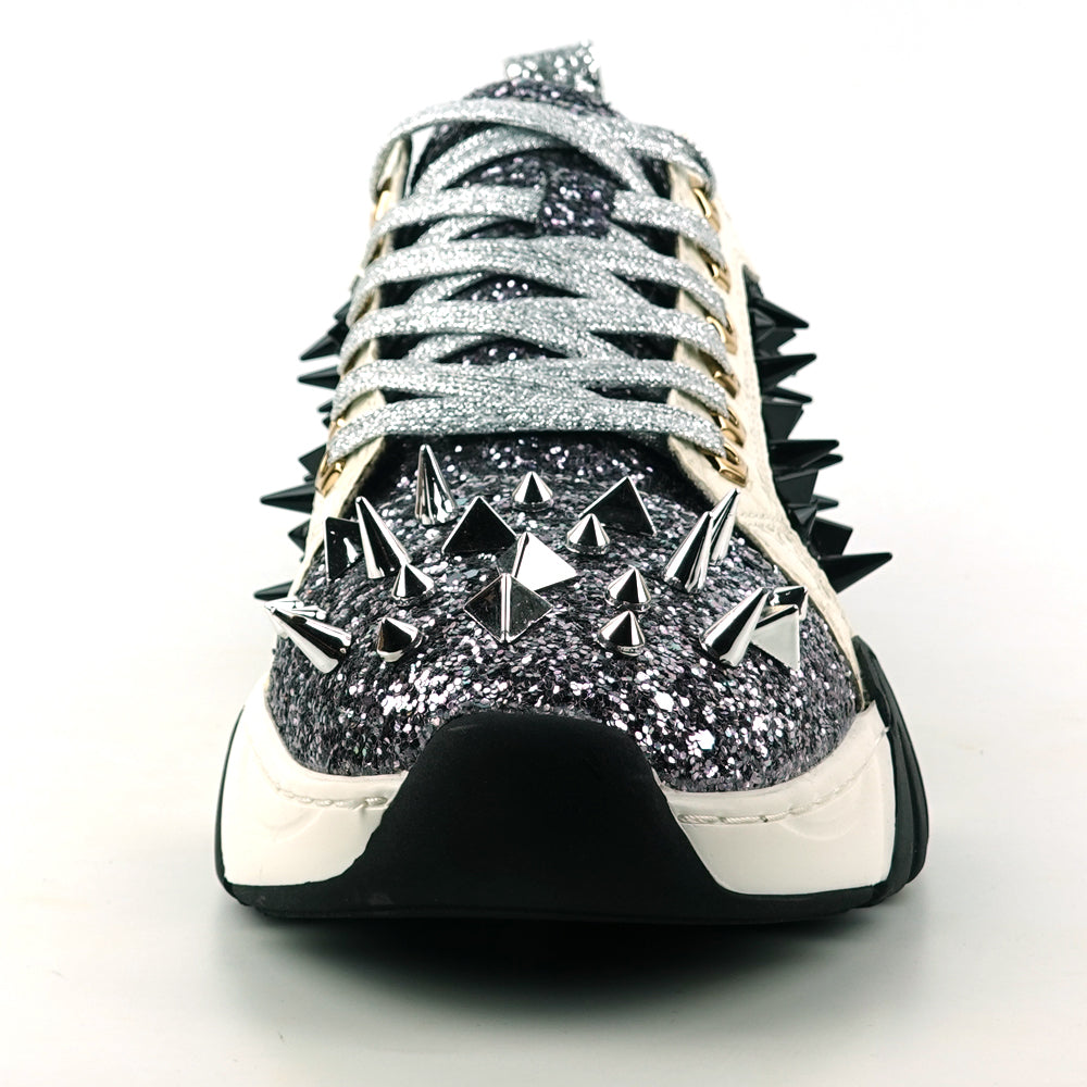 FI-2406 Silver Black Glitter Silver Spikes Lace up Sneaker Encore by Fiesso