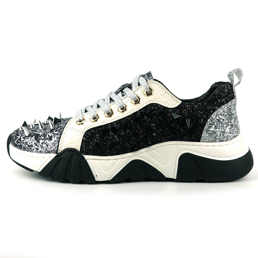 FI-2406 Silver Black Glitter Silver Spikes Lace up Sneaker Encore by Fiesso