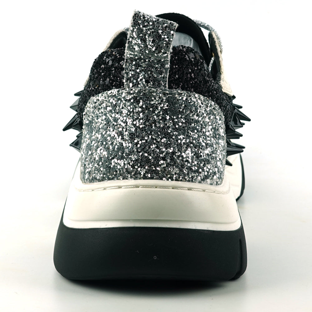 FI-2406 Silver Black Glitter Silver Spikes Lace up Sneaker Encore by Fiesso