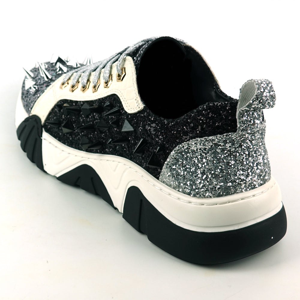 FI-2406 Silver Black Glitter Silver Spikes Lace up Sneaker Encore by Fiesso