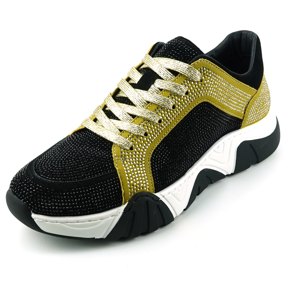 FI-2407 Black Gold Suede Rhinestones Lane up Sneaker Encore by Fiesso