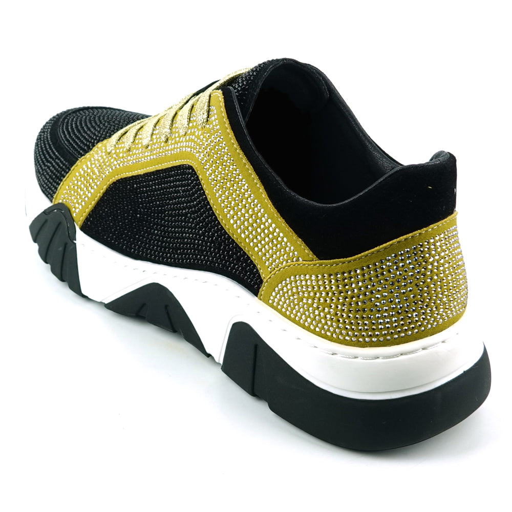 FI-2407 Black Gold Suede Rhinestones Lane up Sneaker Encore by Fiesso