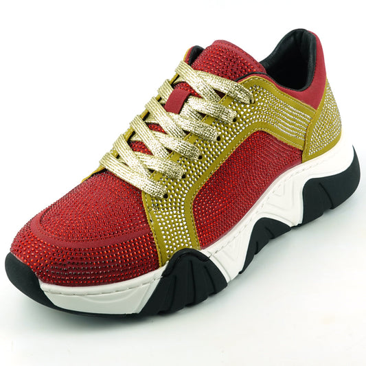 FI-2407 Red Gold Suede Rhinestones Lane up Sneaker Encore by Fiesso