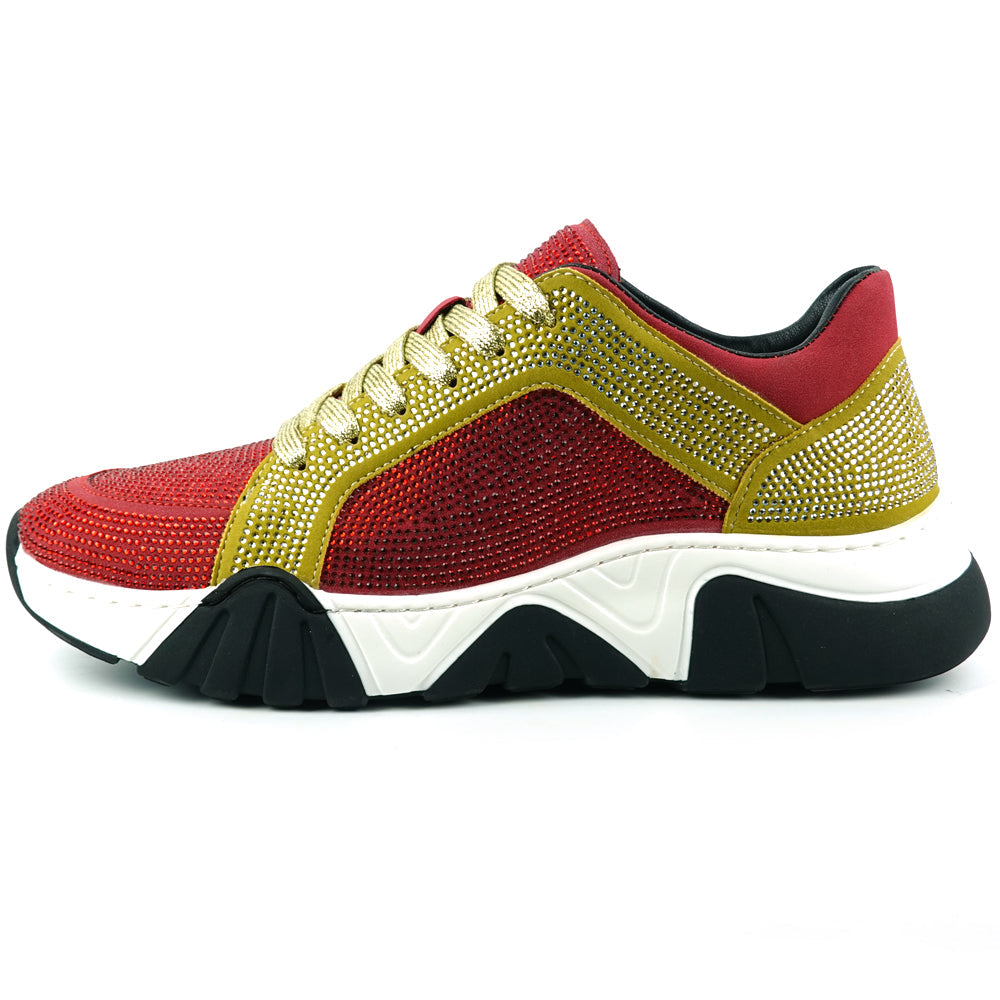 FI-2407 Red Gold Suede Rhinestones Lane up Sneaker Encore by Fiesso