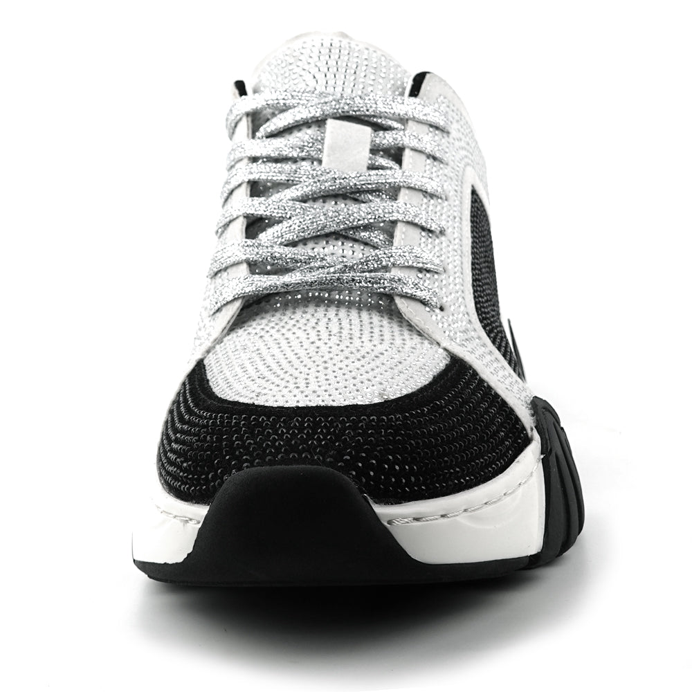 FI-2407 White Black Suede Rhinestones Lane up Sneaker Encore by Fiesso