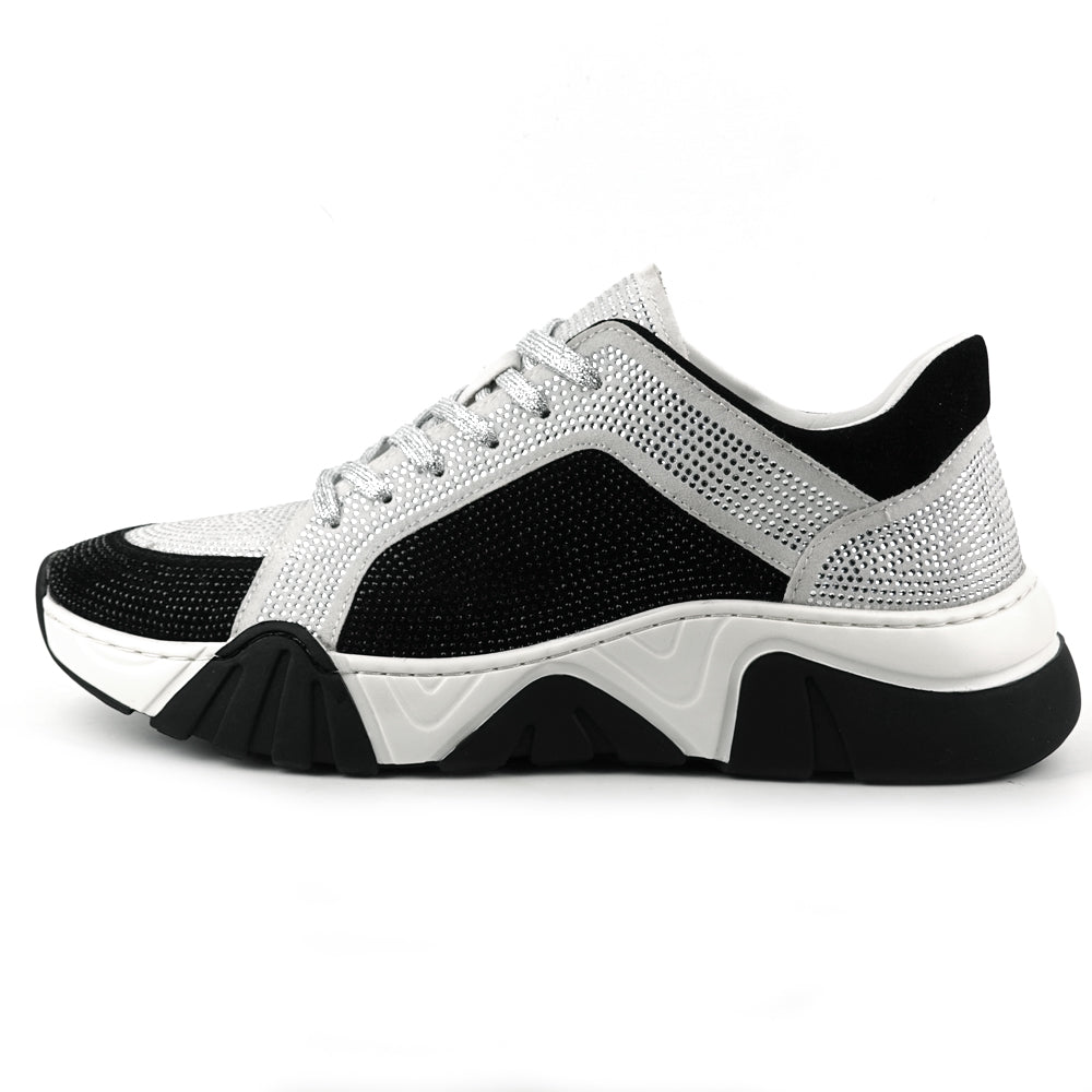 FI-2407 White Black Suede Rhinestones Lane up Sneaker Encore by Fiesso