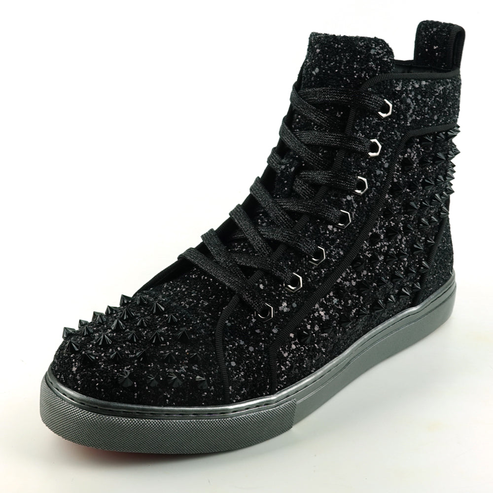 FI-2409 Black Glitter Black Spikes Lace up High top Sneaker Encore by Fiesso
