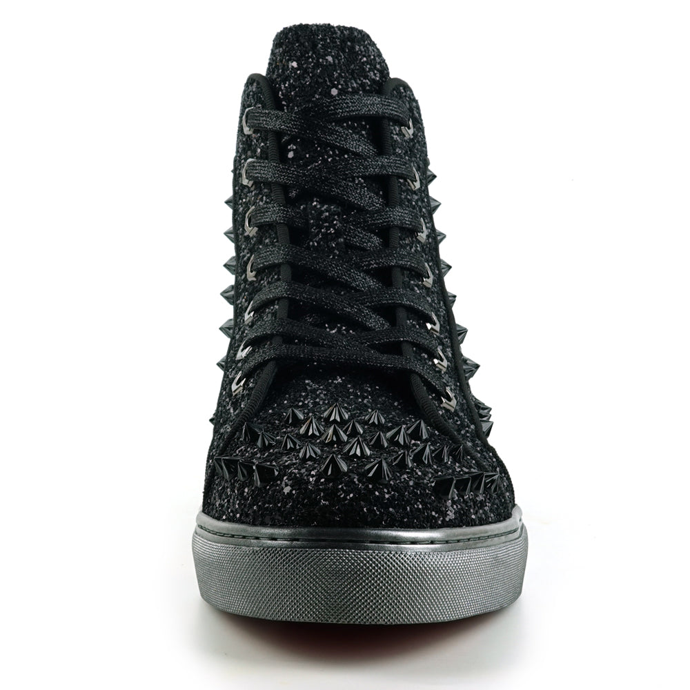 FI-2409 Black Glitter Black Spikes Lace up High top Sneaker Encore by Fiesso