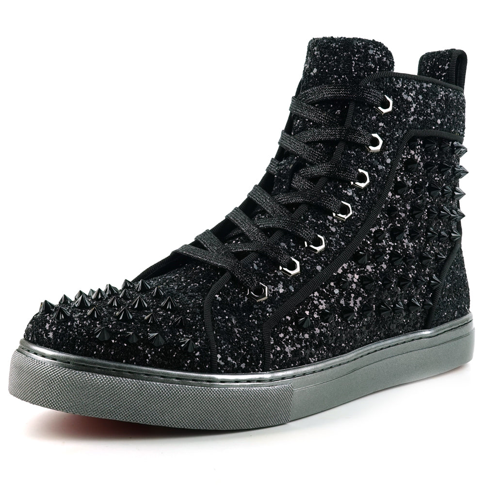 FI-2409 Black Glitter Black Spikes Lace up High top Sneaker Encore by Fiesso