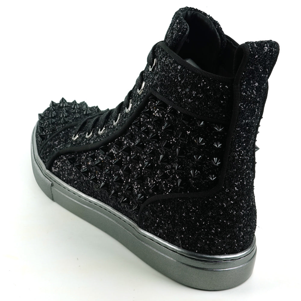 FI-2409 Black Glitter Black Spikes Lace up High top Sneaker Encore by Fiesso