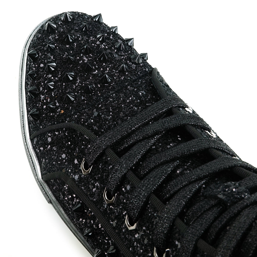 FI-2409 Black Glitter Black Spikes Lace up High top Sneaker Encore by Fiesso