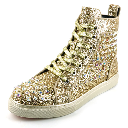 FI-2409 Gold Glitter Gold Spikes Lace up High top Sneaker Encore by Fiesso