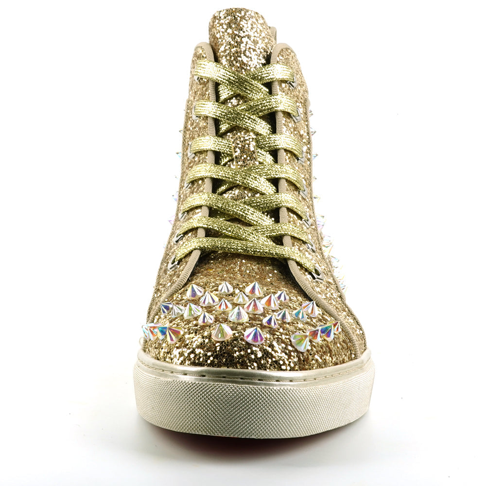 FI-2409 Gold Glitter Gold Spikes Lace up High top Sneaker Encore by Fiesso