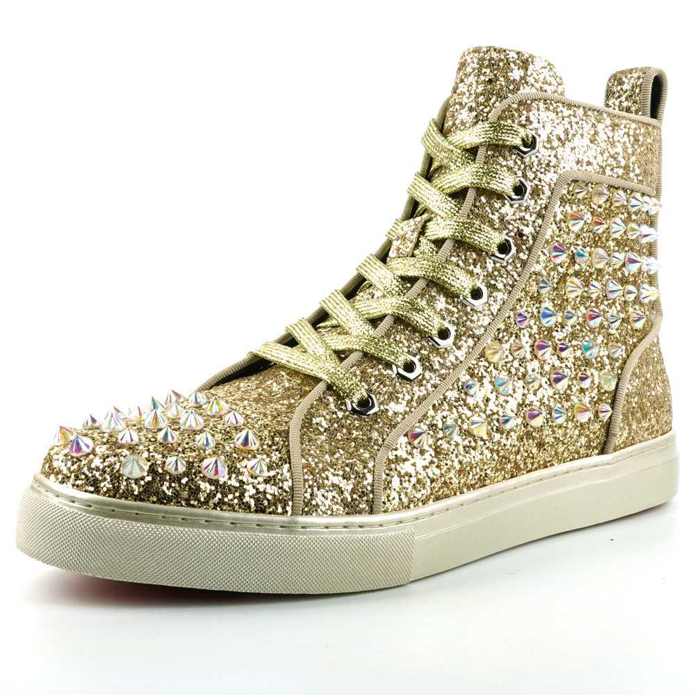 FI-2409 Gold Glitter Gold Spikes Lace up High top Sneaker Encore by Fiesso