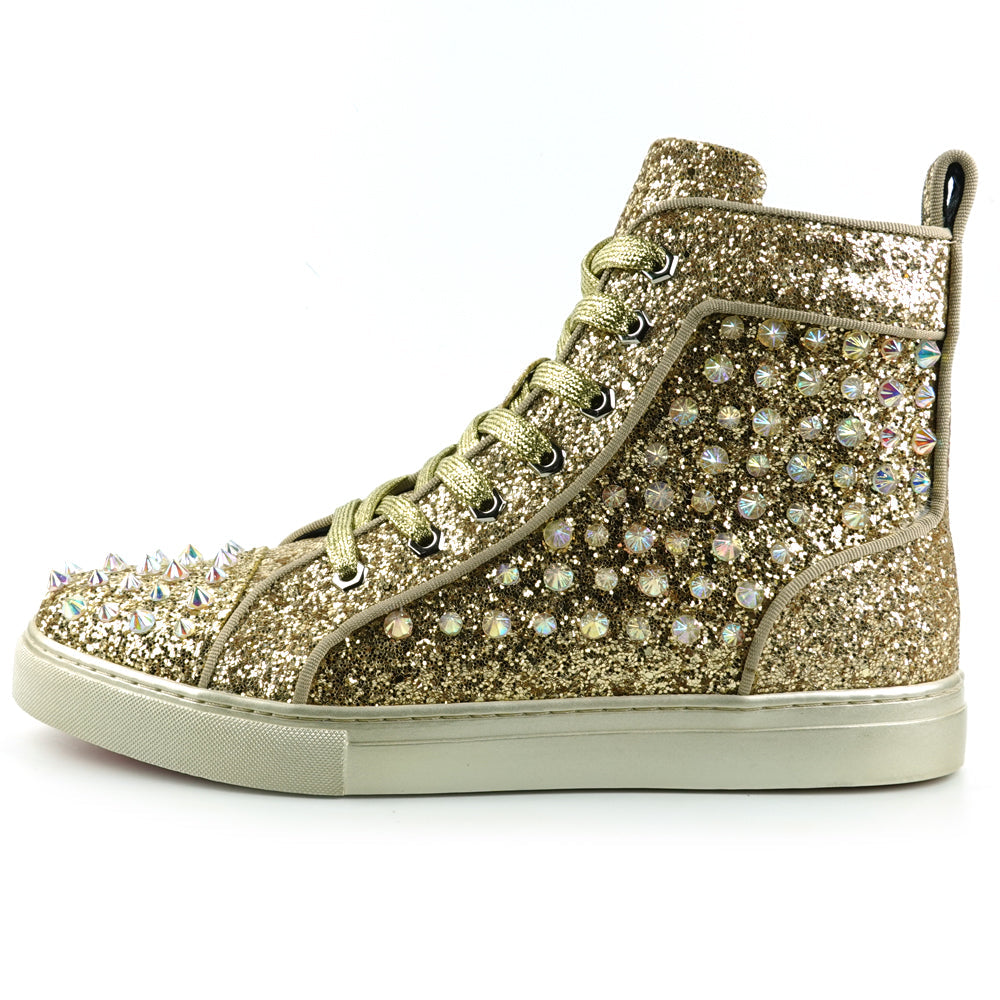 FI-2409 Gold Glitter Gold Spikes Lace up High top Sneaker Encore by Fiesso