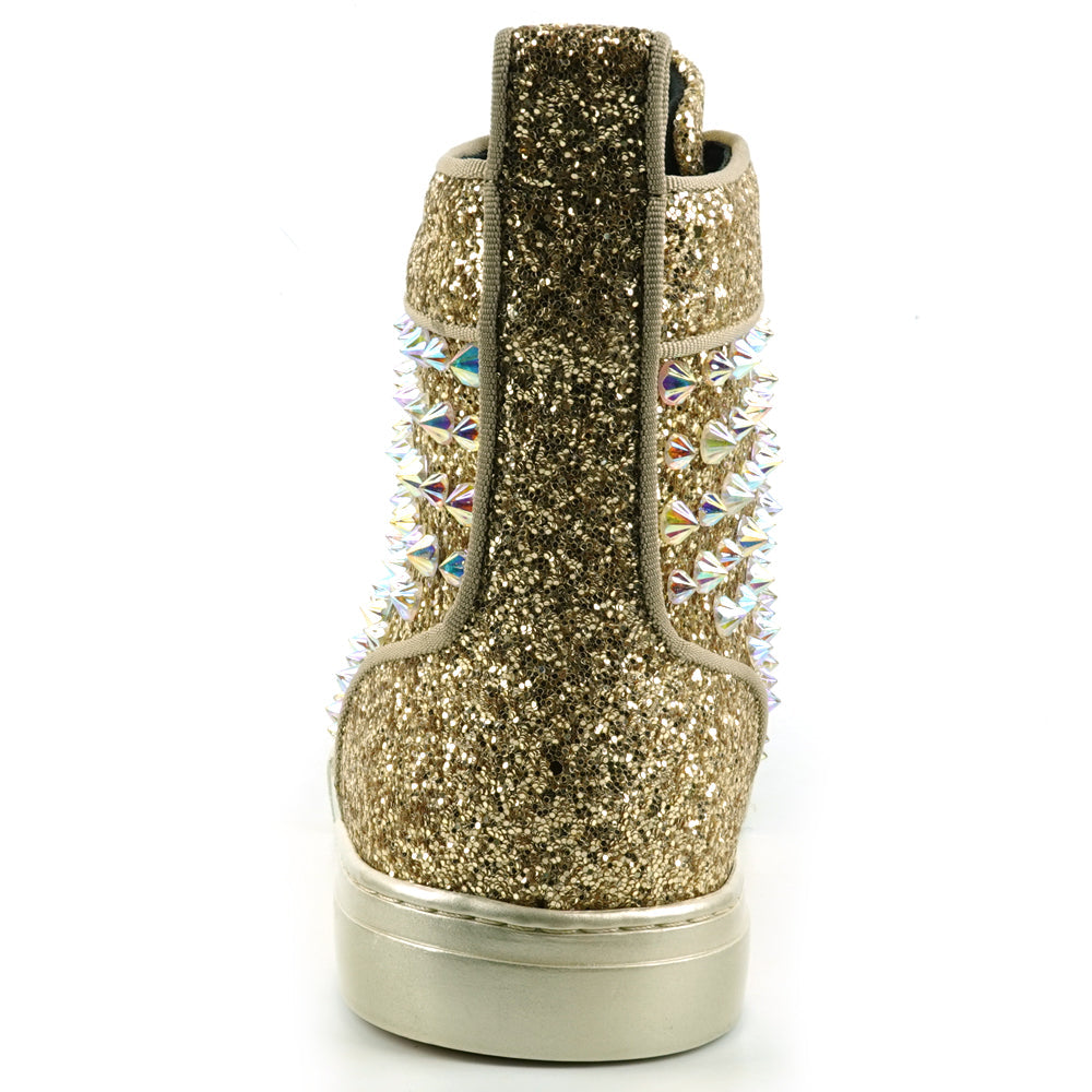 FI-2409 Gold Glitter Gold Spikes Lace up High top Sneaker Encore by Fiesso
