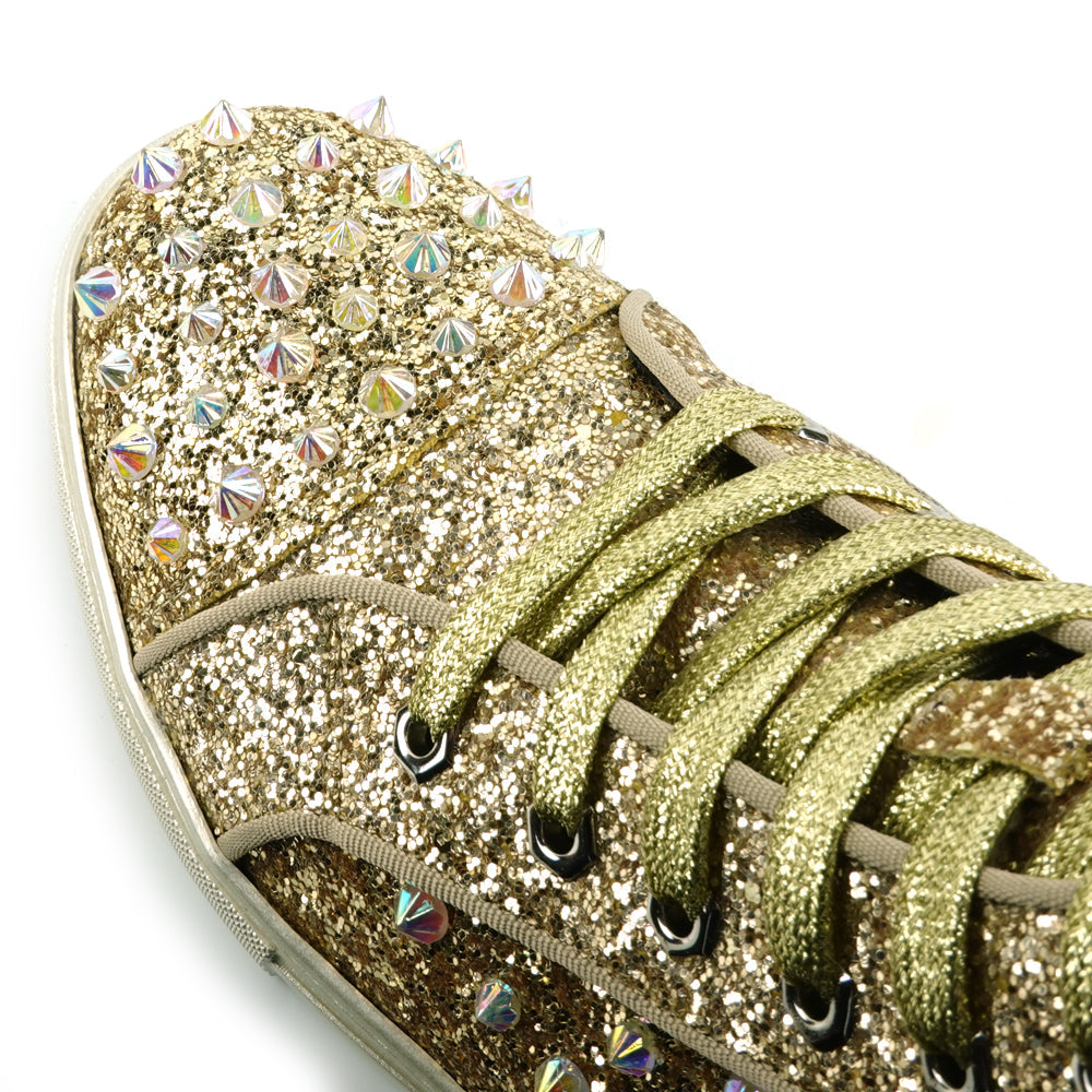 FI-2409 Gold Glitter Gold Spikes Lace up High top Sneaker Encore by Fiesso