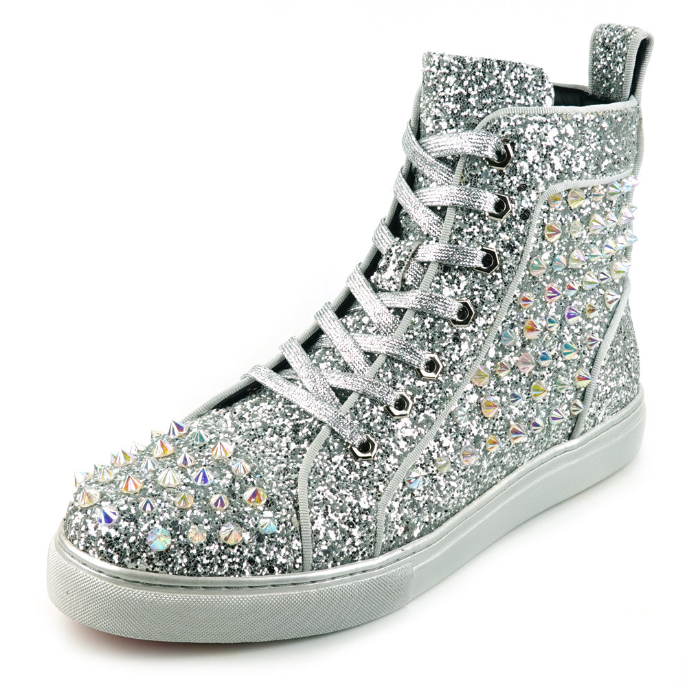 FI-2409 Silver Glitter Silver Spikes Lace up High top Sneaker Encore by Fiesso