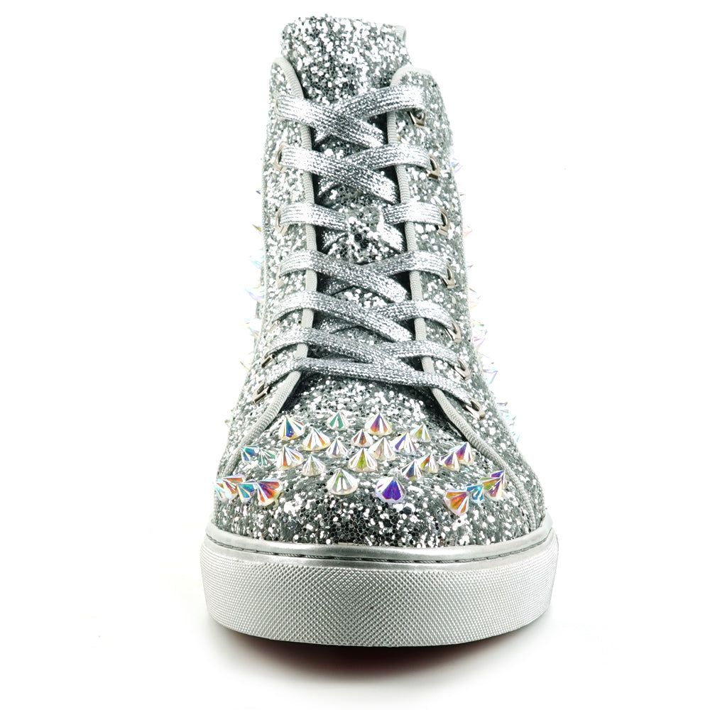 FI-2409 Silver Glitter Silver Spikes Lace up High top Sneaker Encore by Fiesso