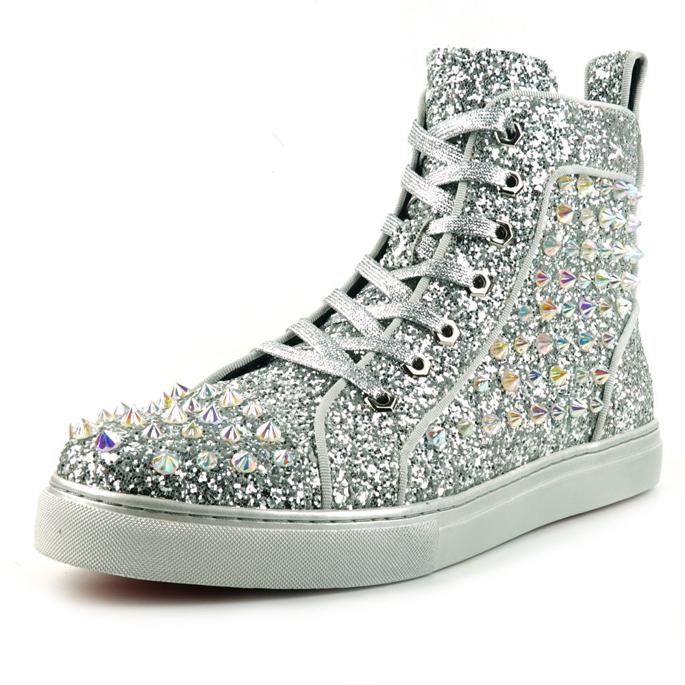 FI-2409 Silver Glitter Silver Spikes Lace up High top Sneaker Encore by Fiesso